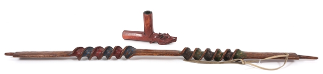 NATIVE AMERICAN TWISTED WOOD PIPE STEM & CATLINITE BOWL