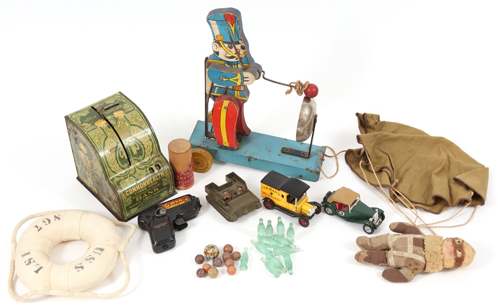 20TH C. TOYS - GUN, CARS, BANK, CRAYONS & MORE