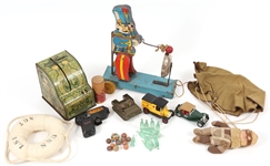 20TH C. TOYS - GUN, CARS, BANK, CRAYONS & MORE