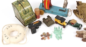 20TH C. TOYS - GUN, CARS, BANK, CRAYONS & MORE