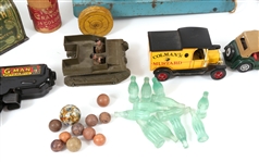 20TH C. TOYS - GUN, CARS, BANK, CRAYONS & MORE