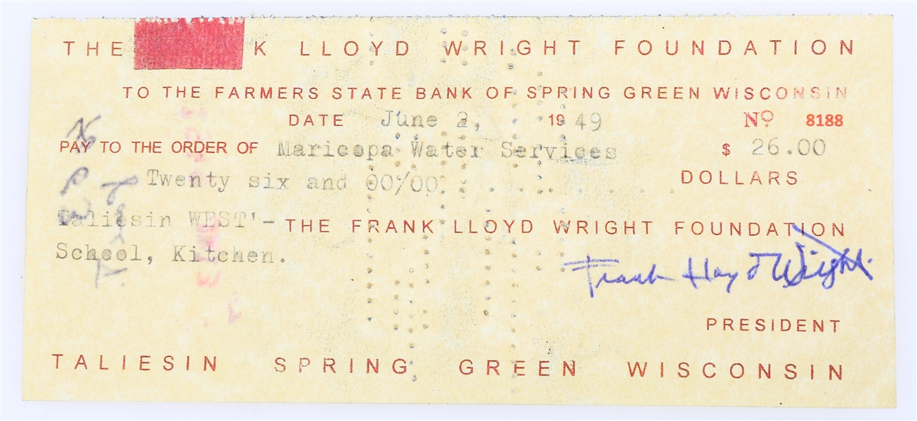 1949 FRANK LLOYD WRIGHT SIGNED CHECK 