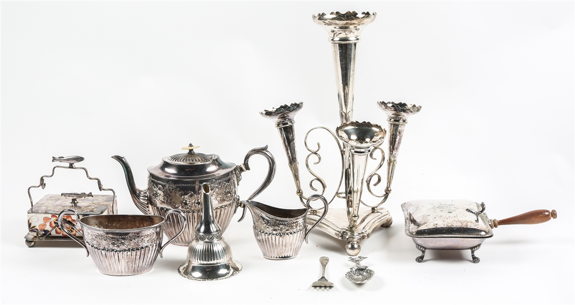 SILVERPLATE EPERGNE, SERVE WARE, & WINE SPOUT