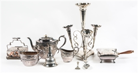 SILVERPLATE EPERGNE, SERVE WARE, & WINE SPOUT