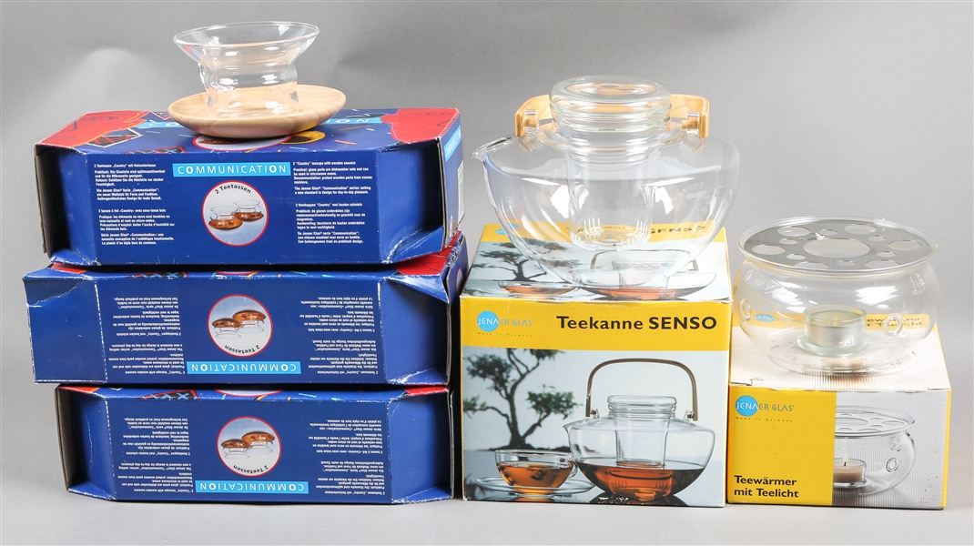 JENAER GLAS TEA POT, WARMER, & 6 TEA CUPS WITH SAUCERS