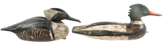 CARVED MERGANSER WOOD DUCK DECOYS LOT OF 2