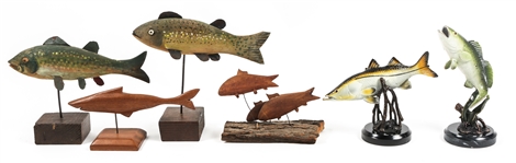 FOLK ART FISH CARVINGS & FISH STATUETTES LOT OF 6