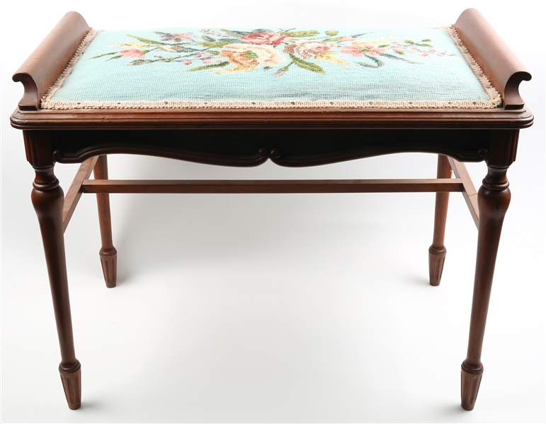 EARLY 20TH C. BENCH WITH EMBROIDERED SEAT