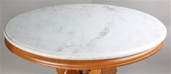 20TH C. OAK END TABLE WITH MARBLE TOP