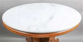 20TH C. OAK END TABLE WITH MARBLE TOP