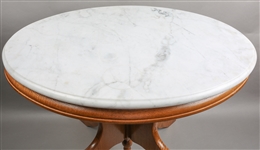 20TH C. OAK END TABLE WITH MARBLE TOP