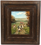 ENGLISH HUNT SCENE OIL PAINTING ON CANVAS IN GILT FRAME