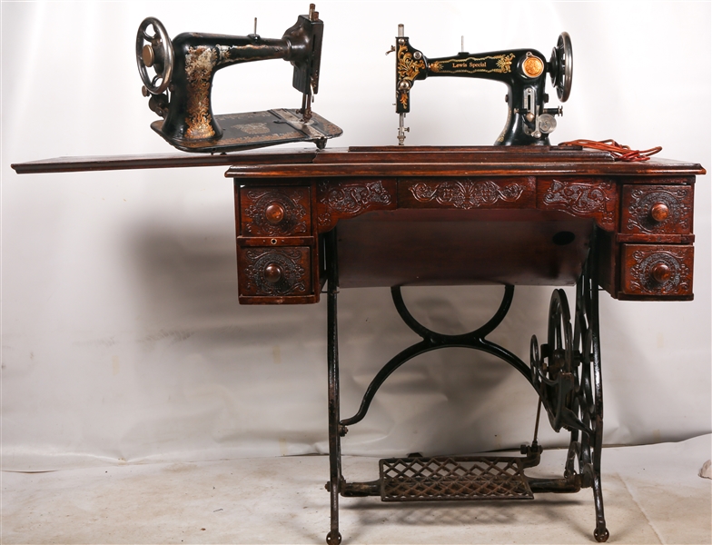 EARLY 20TH C. TREADLE SEWING MACHINES & WOOD CABINET