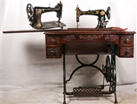 EARLY 20TH C. TREADLE SEWING MACHINES & WOOD CABINET