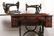 EARLY 20TH C. TREADLE SEWING MACHINES & WOOD CABINET