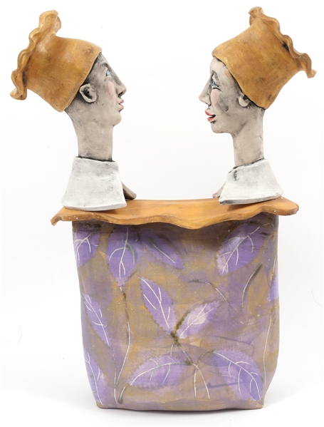LESLEY NOLAN CERAMIC SCULPTURE TOO MANY COOKS IN THE KITCHEN