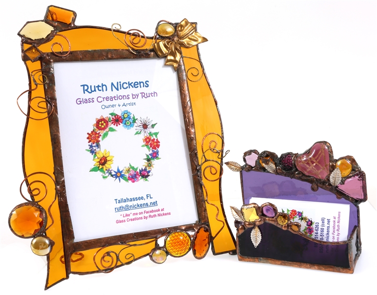 RUTH NICKENS STAINED GLASS PICTURE FRAME & CARD HOLDER