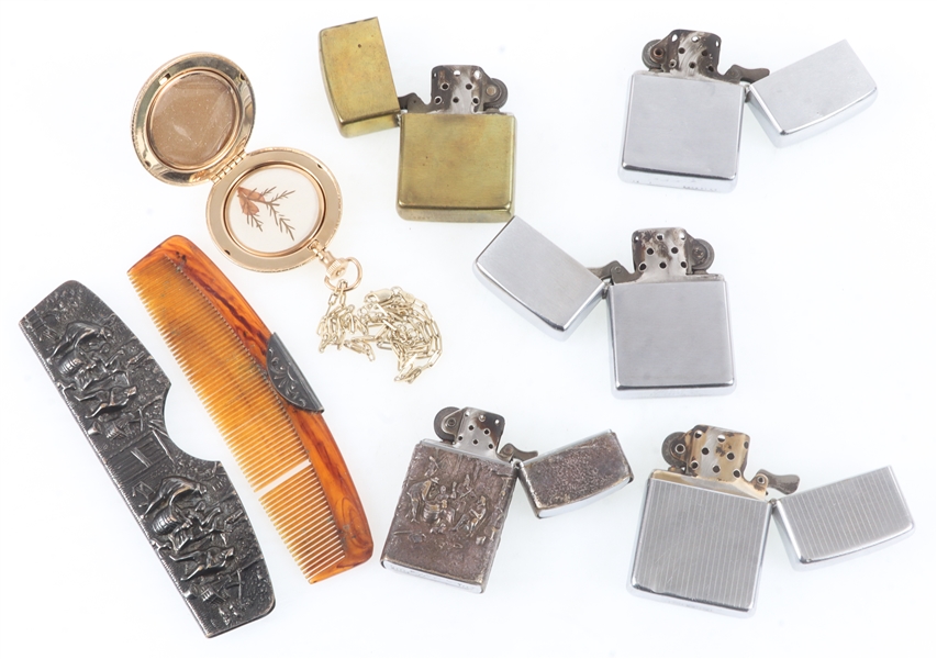 ZIPPO LIGHTERS, SILVER PLATE COMB, & COMPACT LOCKET