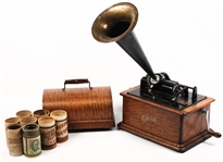 EDISON PHONOGRAPH WITH HORN & 3 CYLINDER RECORDS