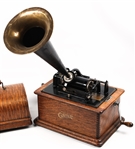 EDISON PHONOGRAPH WITH HORN & 3 CYLINDER RECORDS