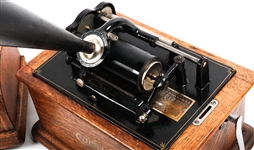 EDISON PHONOGRAPH WITH HORN & 3 CYLINDER RECORDS