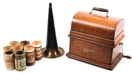 EDISON PHONOGRAPH WITH HORN & 3 CYLINDER RECORDS