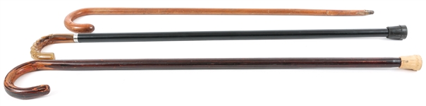THREE WOODEN CROOK HANDLED CANES 