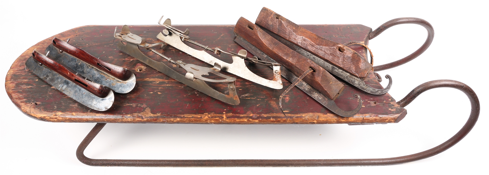 19TH & EARLY 20TH C. ICE SKATES AND SNOW SLED