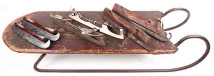 19TH & EARLY 20TH C. ICE SKATES AND SNOW SLED