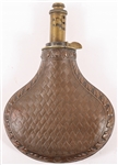 EARLY 20TH C. BRASS/COPPER WOVEN DESIGN POWDER FLASK