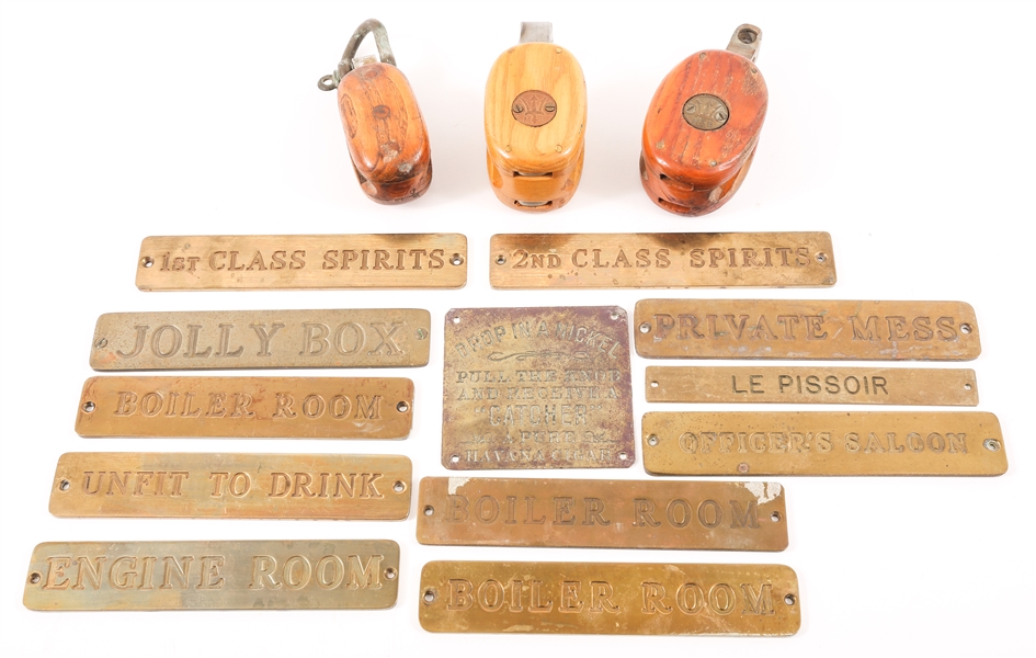 20TH C. BLOCK AND TACKLE PULLIES & BRASS SHIP PLAQUES