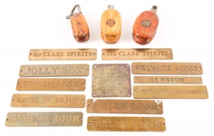 20TH C. BLOCK AND TACKLE PULLIES & BRASS SHIP PLAQUES