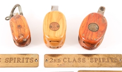 20TH C. BLOCK AND TACKLE PULLIES & BRASS SHIP PLAQUES