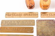 20TH C. BLOCK AND TACKLE PULLIES & BRASS SHIP PLAQUES