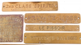 20TH C. BLOCK AND TACKLE PULLIES & BRASS SHIP PLAQUES