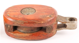 20TH C. BLOCK AND TACKLE PULLIES & BRASS SHIP PLAQUES