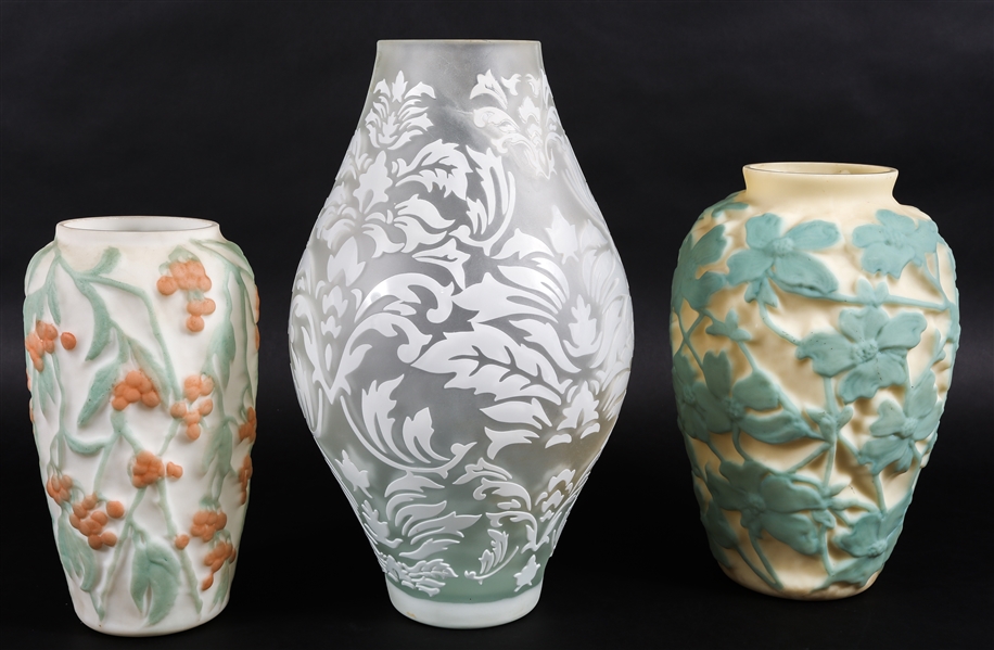 20TH C. SATIN AND FROSTED GLASS VASES