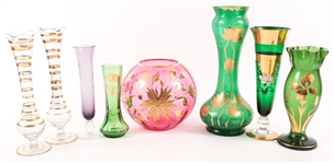 PAINTED & GILT GLASS VASES LOT OF EIGHT