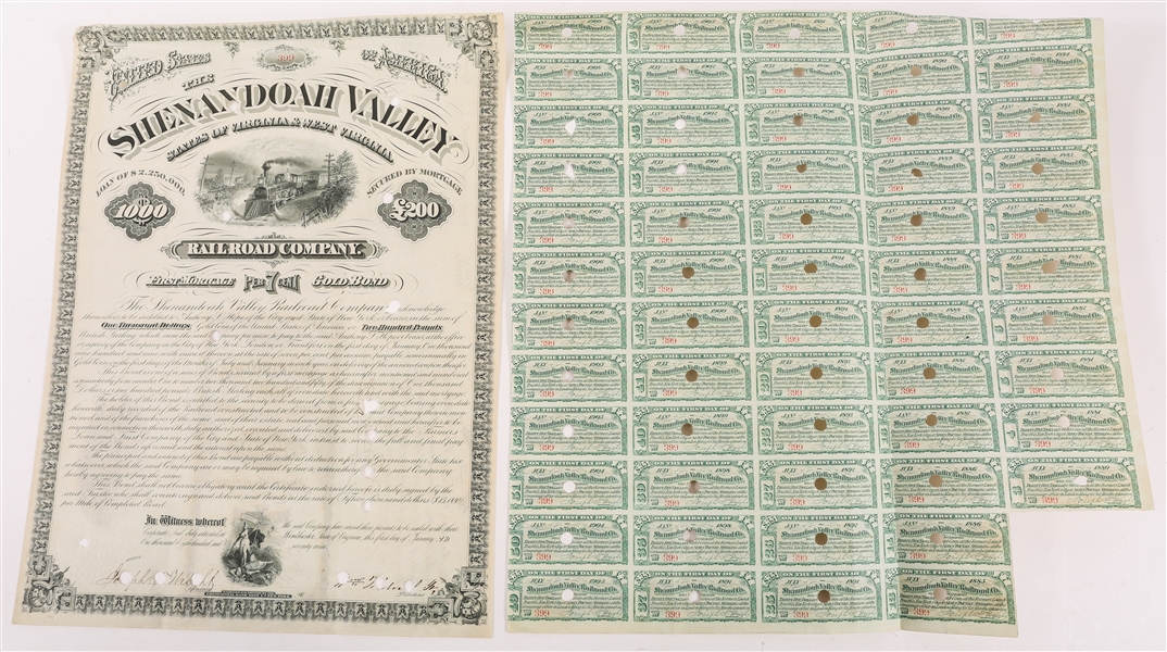 1879 SHENANDOAH VALLEY RAILROAD CO. BONDS & COUPONS