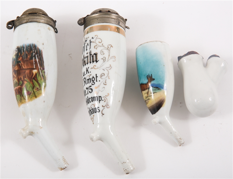 PAINTED PORCELAIN SMOKING PIPES & BOWL - LOT OF 4