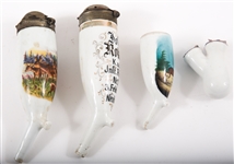 PAINTED PORCELAIN SMOKING PIPES & BOWL - LOT OF 4