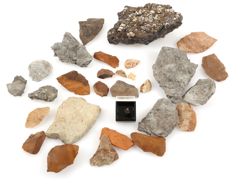 LITHIC CORE AND ARROWHEAD SHARDS & FOSSIL SPECIMENS