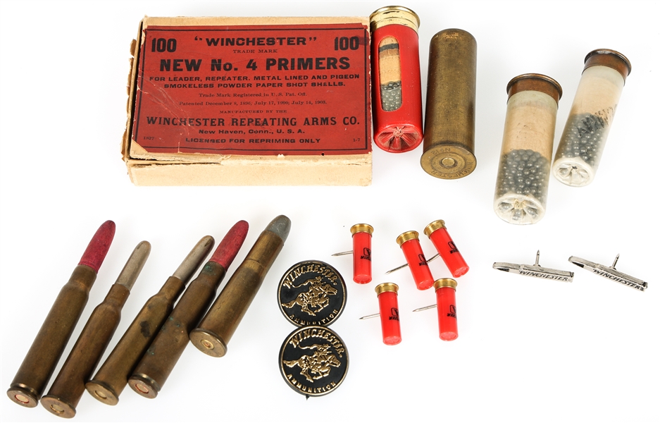 WINCHESTER SALESMAN DUMMY AMMUNITION, PINS & MORE