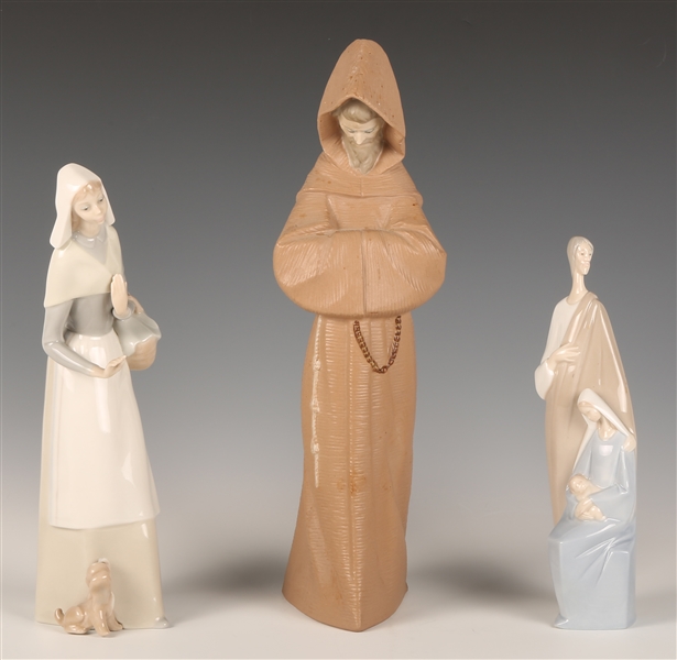 LLADRO PORCELAIN FIGURINES - MONK, GIRL WITH BASKET, HOLY FAMILY