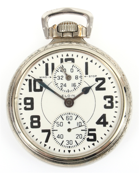 20TH C. ELGIN RAILROAD WHITE GOLD FILLED POCKET WATCH