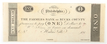 19th C. US $1 FARMERS BANK OF BUCKS COUNTY BANKNOTE