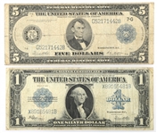 EARLY 20TH C. US $1 & $5 LARGE SIZE BANKNOTES LOT OF 2