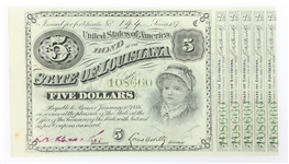 1880s $5 STATE OF LOUISIANA "BABY BONDS" 
