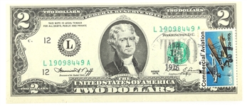 1976 US $2 BICENTENNIAL 1st DAY ISSUE NOTE WITH STAMP