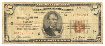 1929 $5 US FEDERAL RESERVE CHICAGO, ILLINOIS NOTE